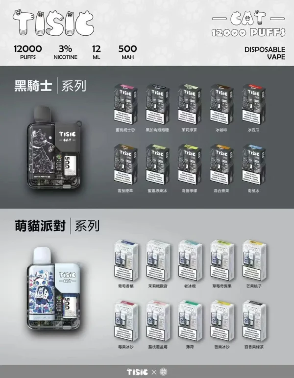超值福利【滿10贈1】TISIC | 12000口黑騎士萌貓聯名款 | 雙系潮感設計霧化細膩飽滿層次 冰涼順口長效續航質感進階款