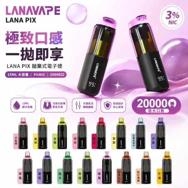 ChatGPT_Image_2026_7_14_13_19_53 LANA PIX 20000口拋棄式電子煙|大容量規格設計 獨特摺疊吸嘴搭配旗艦級使用體驗