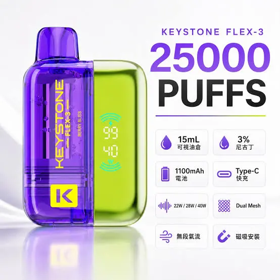 images 超值特價【買一盒煙彈送主機】KEYSTONE FLEX-3 鑰石 25000口拋棄式電子煙套裝|三段功率調節設計 透明油艙搭配旗艦級換彈體驗